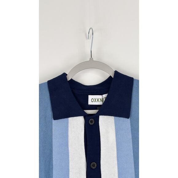 Oxknit Mens 60s Vertical Stripe Short Sleeve Knit Button Polo Mens XL Blue New - Picture 2 of 9